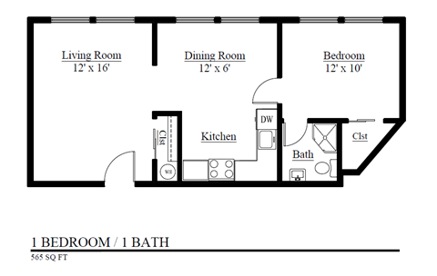 Floor plan for 1 bed, 1 bath, 565 sqft
